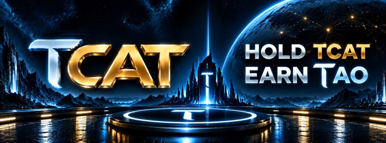TCAT. Hold TCAT, earn TAO. A blue planet above a glowing futuristic platform.
