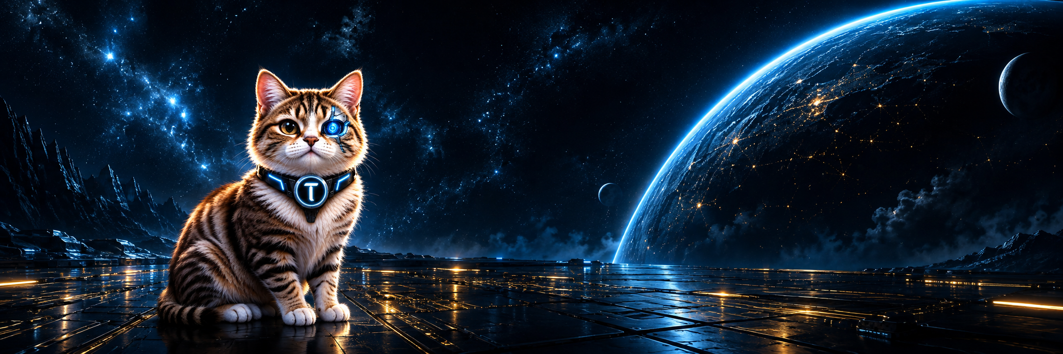 TCAT surveys a blue planet from a futuristic platform illuminated in gold