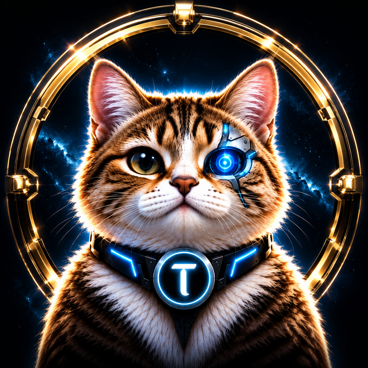 TCAT, a tabby cat with a blue robotic eye and tau collar inside a gold orbital ring